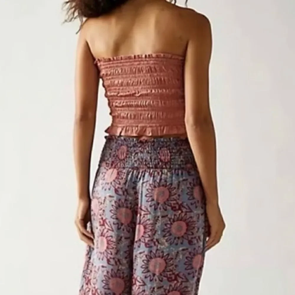 NWOT Free People Be Right Back Tube Smocked Ruffled Rose Gold Strapless Shiny